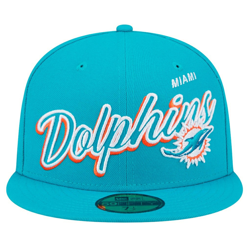 Miami Dolphins New Era Script Sided 59FIFTY Fitted Hat - Aqua - NFL