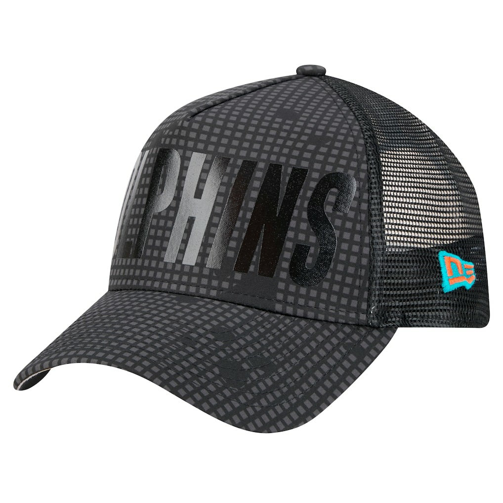 Miami Dolphins New Era Midnight Ink Tonal Text A-Frame Trucker 9FORTY Adjustable Hat - Black - NFL
