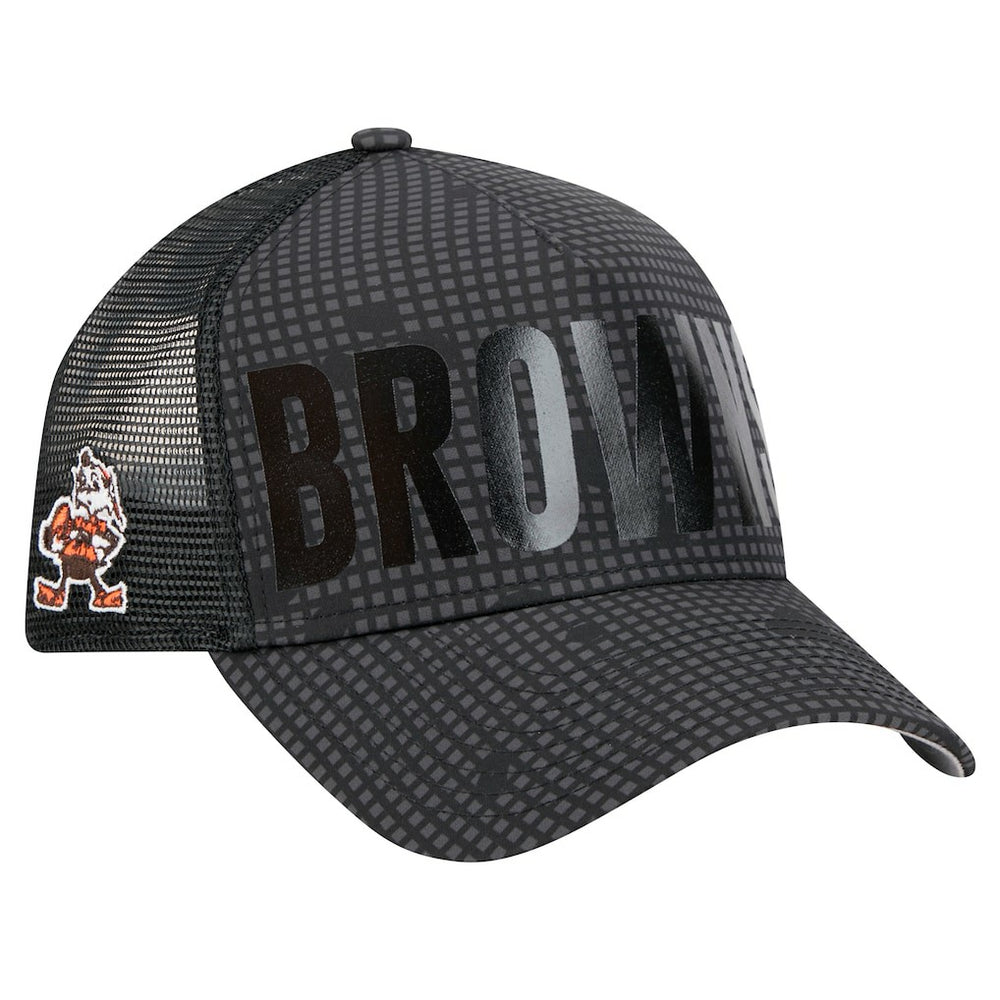Cleveland Browns New Era Throwback Midnight Ink Tonal Text A-Frame Trucker 9FORTY Adjustable Hat - Black - NFL