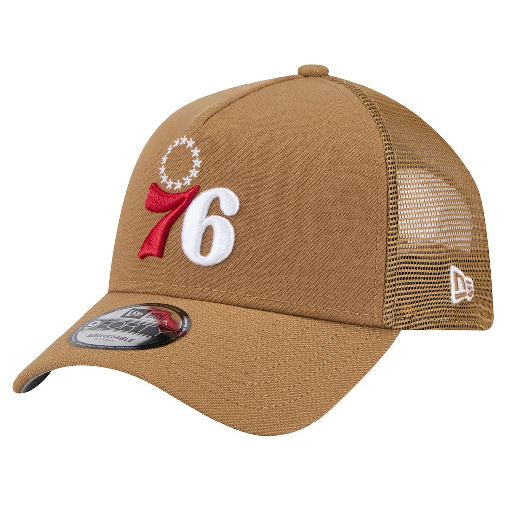 New Era Philadelphia 76ers 9FORTY A-Frame Trucker Adjustable Hat Tan