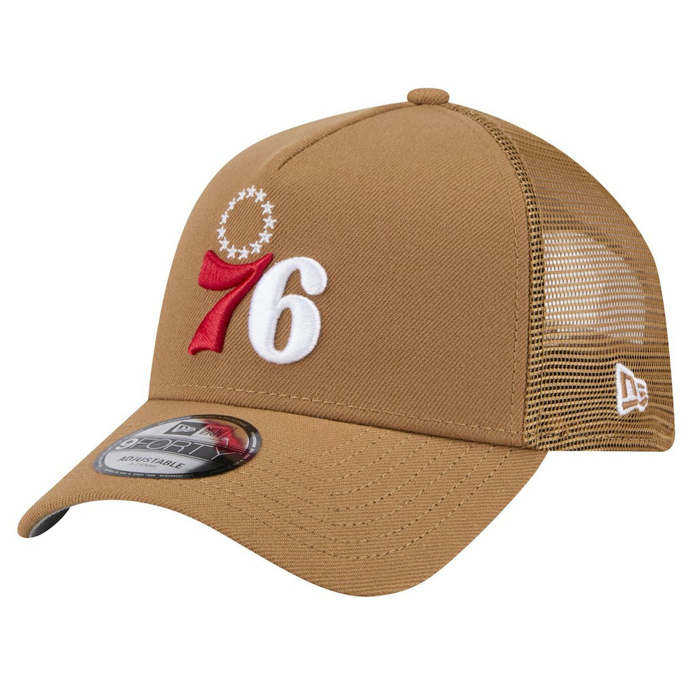 New Era Philadelphia 76ers 9FORTY A-Frame Trucker Adjustable Hat Tan