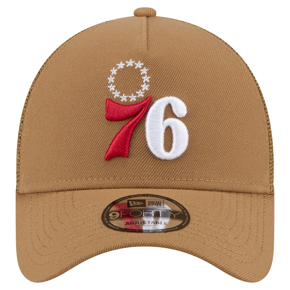 New Era Philadelphia 76ers 9FORTY A-Frame Trucker Adjustable Hat Tan