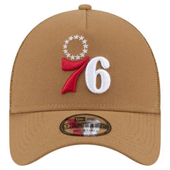 New Era Philadelphia 76ers 9FORTY A-Frame Trucker Adjustable Hat Tan