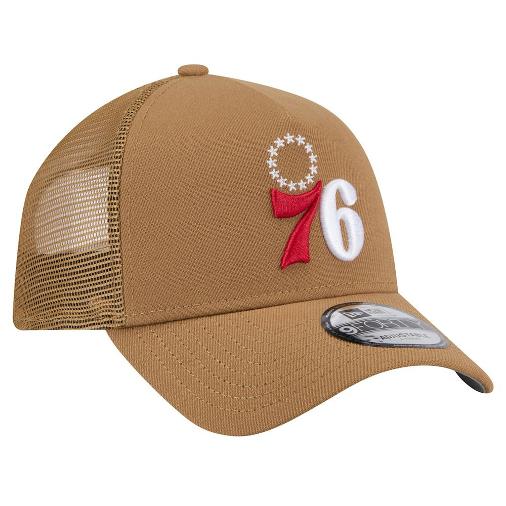 New Era Philadelphia 76ers 9FORTY A-Frame Trucker Adjustable Hat Tan