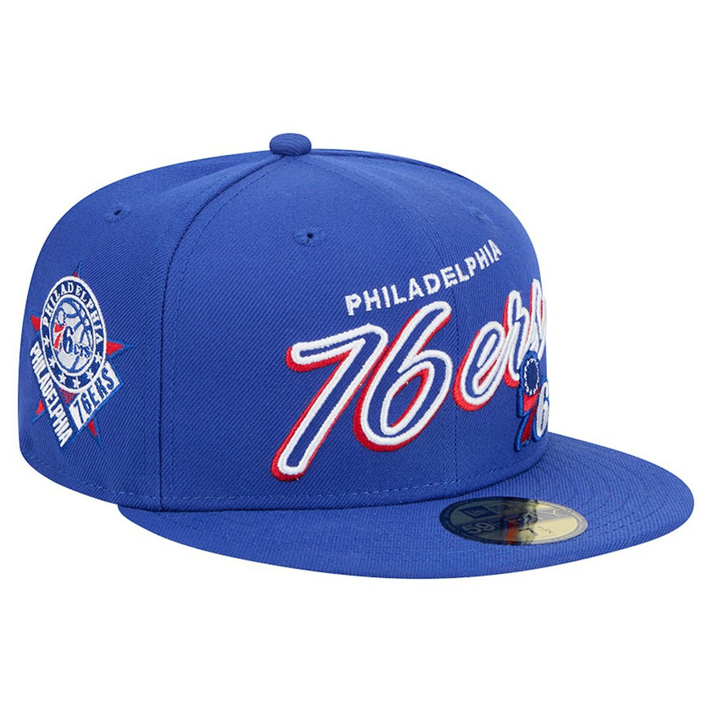 New Era Philadelphia 76ers Sport Night Script Sided 59FIFTY Fitted Hat Royal