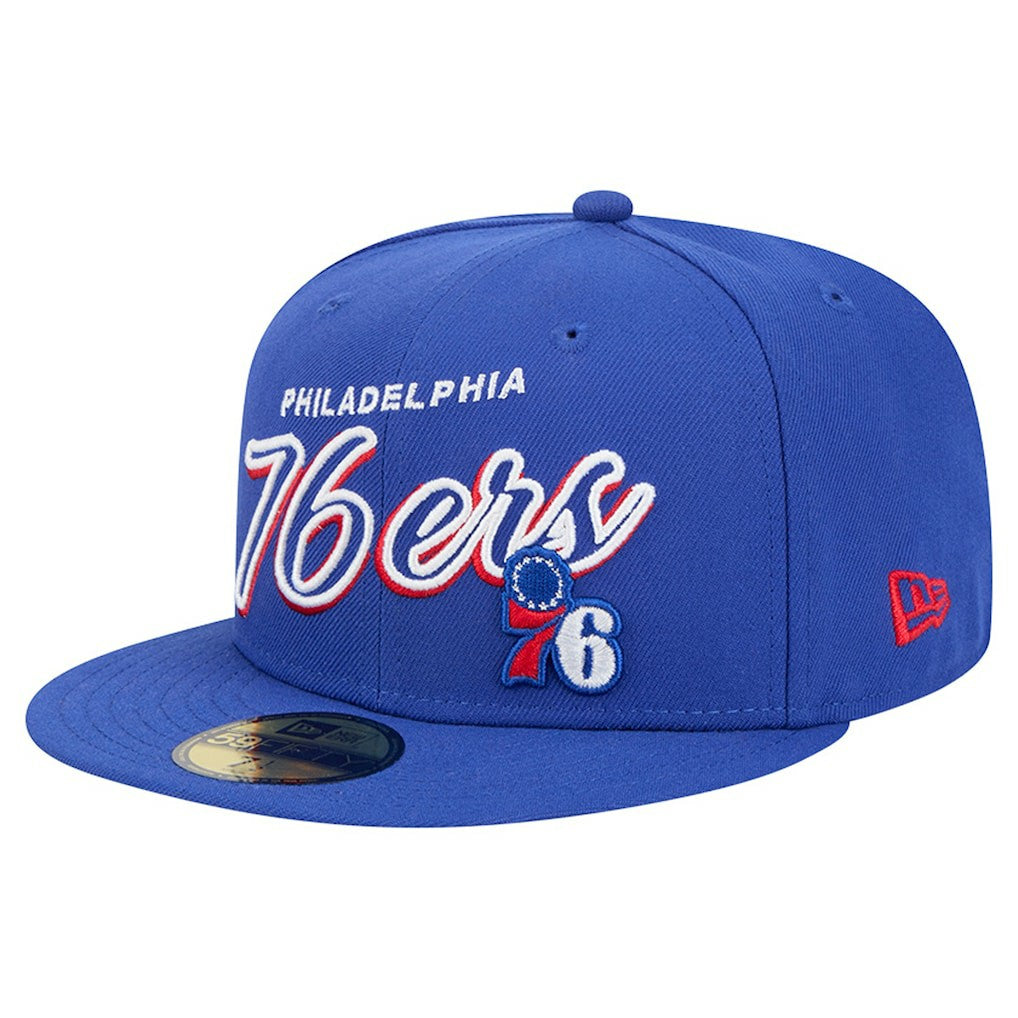 New Era Philadelphia 76ers Sport Night Script Sided 59FIFTY Fitted Hat Royal