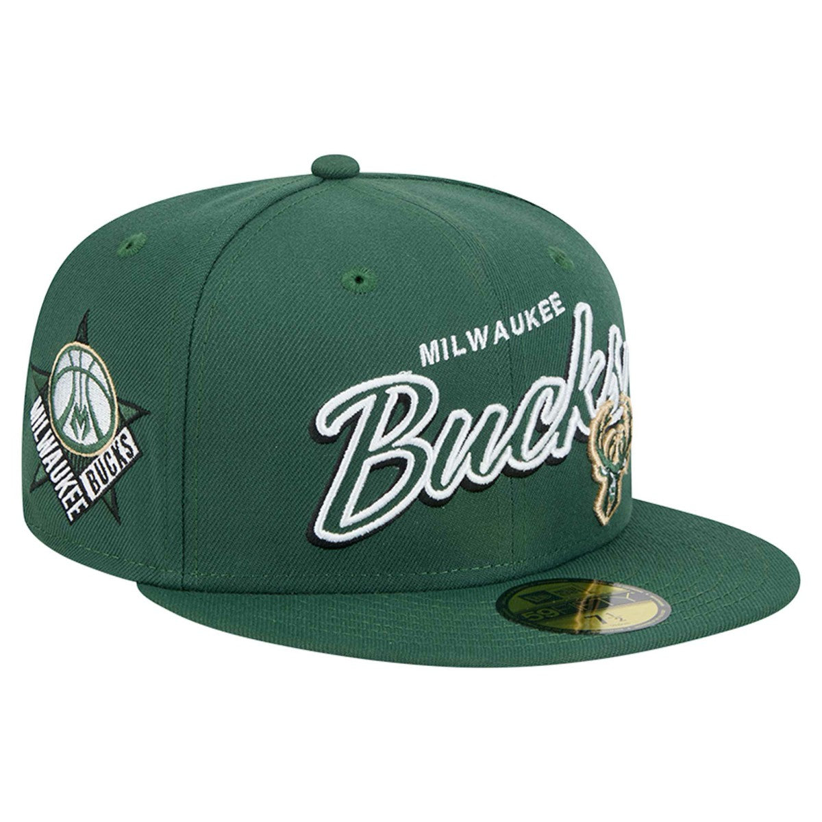 New Era Milwaukee Bucks Sport Night Script Sided 59FIFTY Fitted Hat Hunter Green