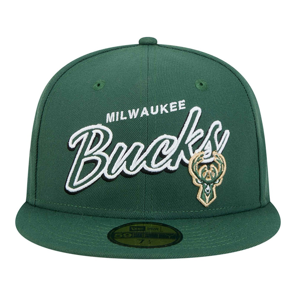 New Era Milwaukee Bucks Sport Night Script Sided 59FIFTY Fitted Hat Hunter Green