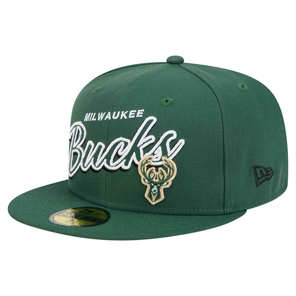 New Era Milwaukee Bucks Sport Night Script Sided 59FIFTY Fitted Hat Hunter Green