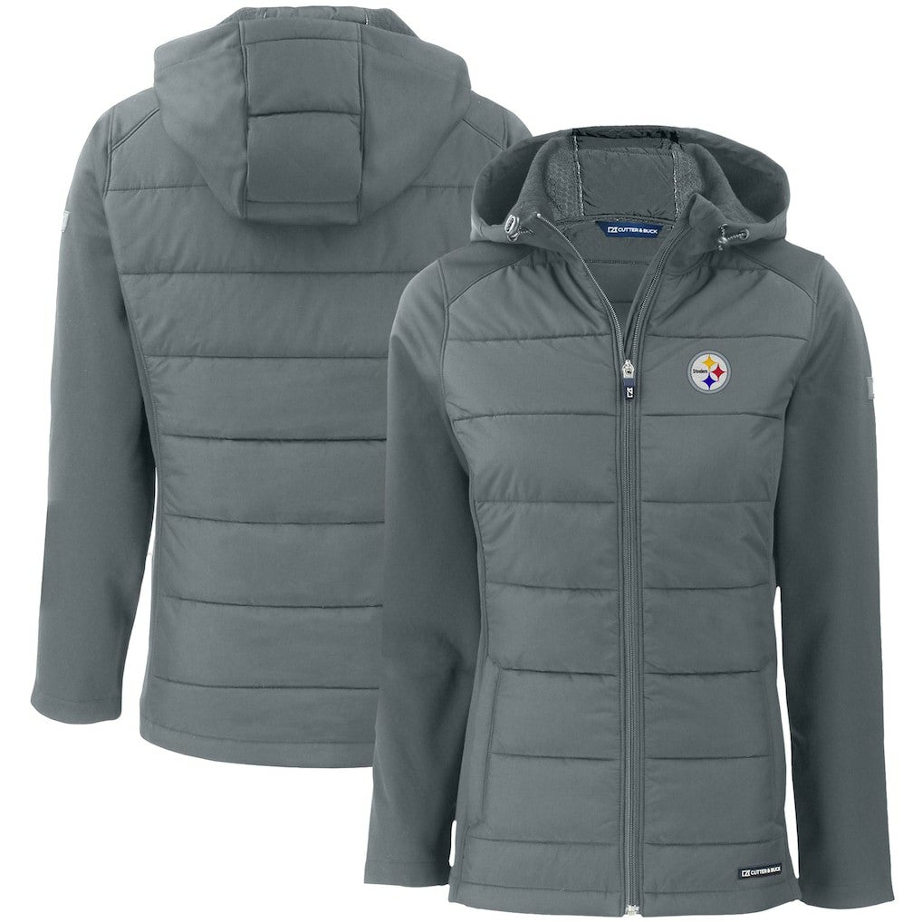 Pittsburgh Steelers Cutter & Buck Women's Evoke PrimaLoft Hybrid Eco Softshell Recycled Full-Zip Hooded Jacket - Gray - NFL