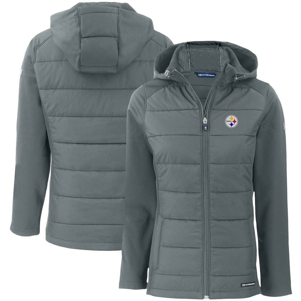 Pittsburgh Steelers Cutter & Buck Women's Evoke PrimaLoft Hybrid Eco Softshell Recycled Full-Zip Hooded Jacket - Gray - NFL