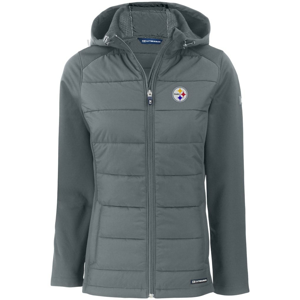 Pittsburgh Steelers Cutter & Buck Women's Evoke PrimaLoft Hybrid Eco Softshell Recycled Full-Zip Hooded Jacket - Gray - NFL
