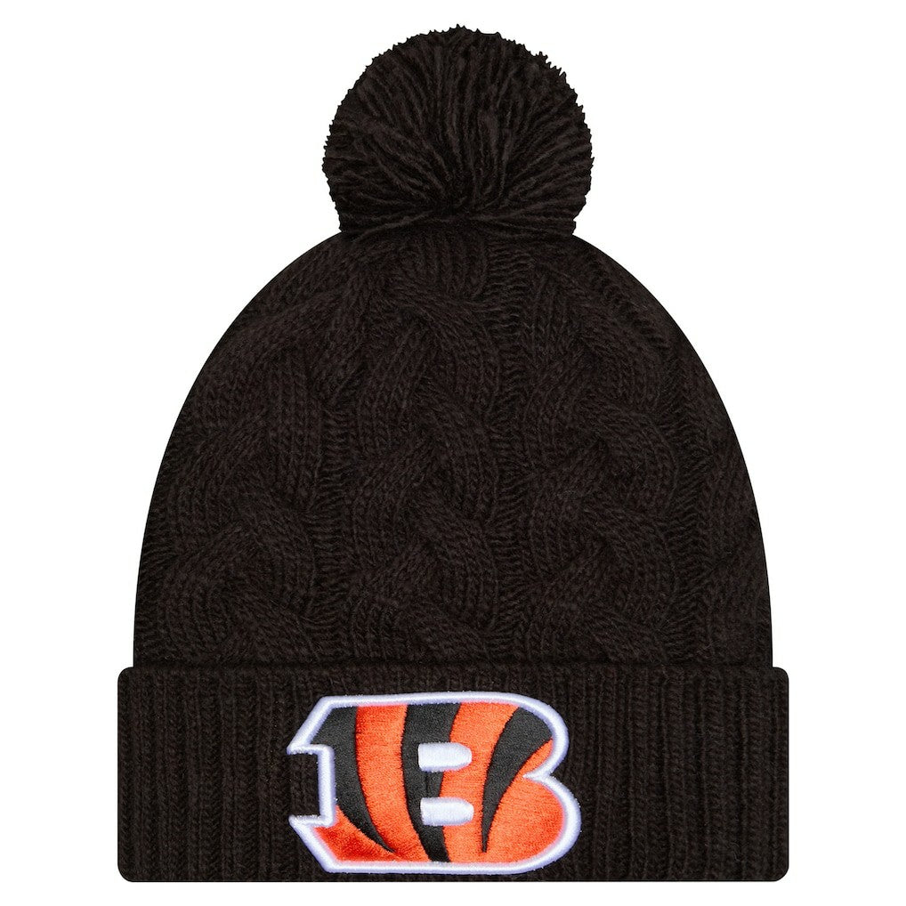 Cincinnati Bengals New Era Girls Youth Cabled Cuffed Knit Hat with Pom - Black - NFL
