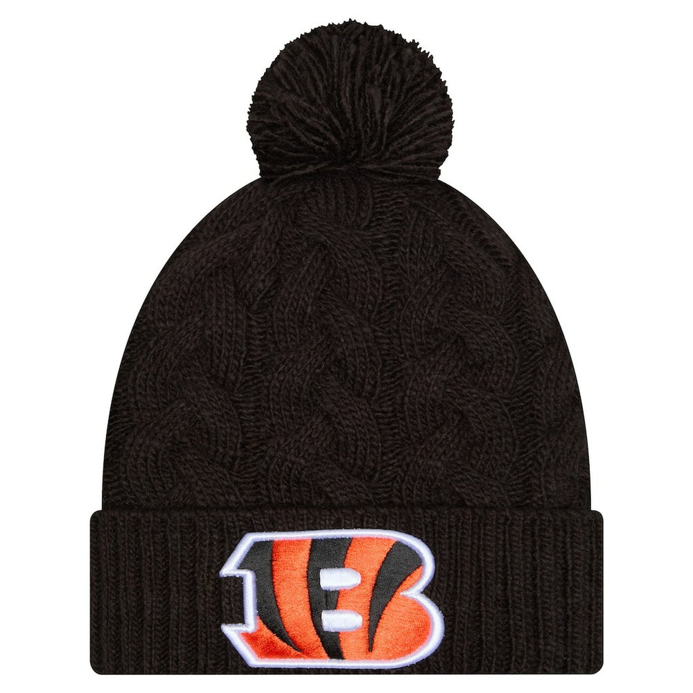 Cincinnati Bengals New Era Girls Youth Cabled Cuffed Knit Hat with Pom - Black - NFL