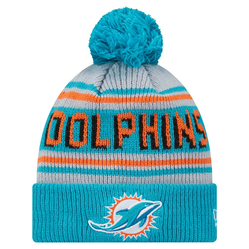 Miami Dolphins New Era Youth Main Cuffed Knit Hat with Pom - Aqua - NFL