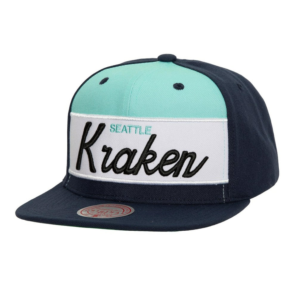 Seattle Kraken Mitchell & Ness Retro Script Colorblock Snapback Hat - Deep Sea Blue | NHL discount