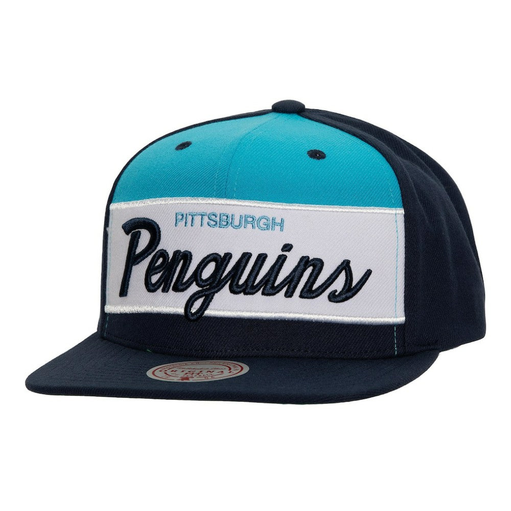 Pittsburgh Penguins Mitchell & Ness Retro Script Colorblock Snapback Hat - Navy | NHL discount