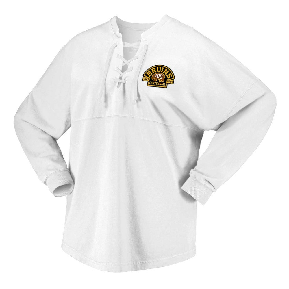 Boston Bruins Fanatics Women's 100th Anniversary Spirit Jersey T-Shirt - White | Fanatics Clearance