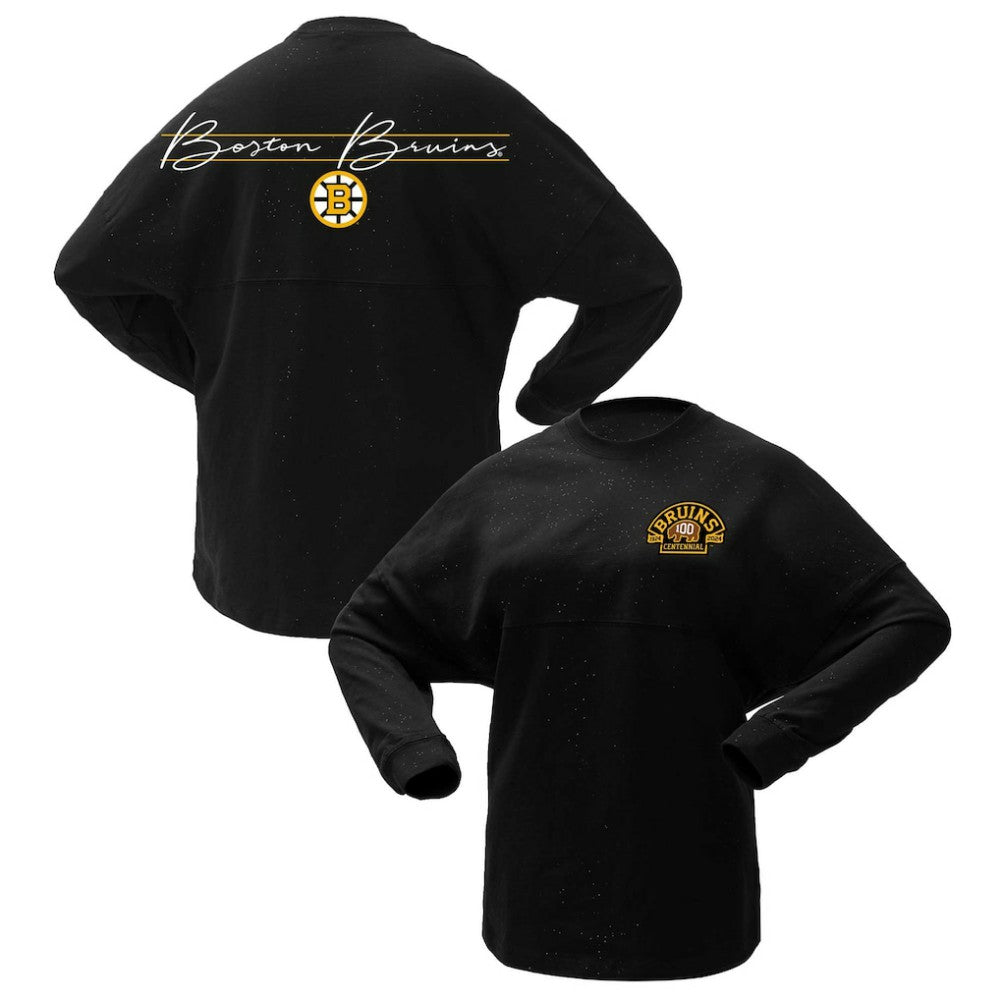 Boston Bruins Fanatics Women's 100th Anniversary Sparkle Spirit Jersey T-Shirt - Black | Fanatics on sale