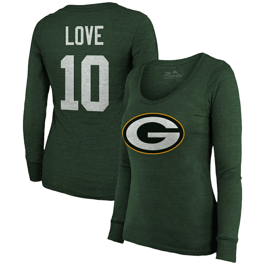 Jordan Love Green Bay Packers Majestic Threads Women's Name & Number Long Sleeve Scoop Neck Tri-Blend T-Shirt – Green - NFL