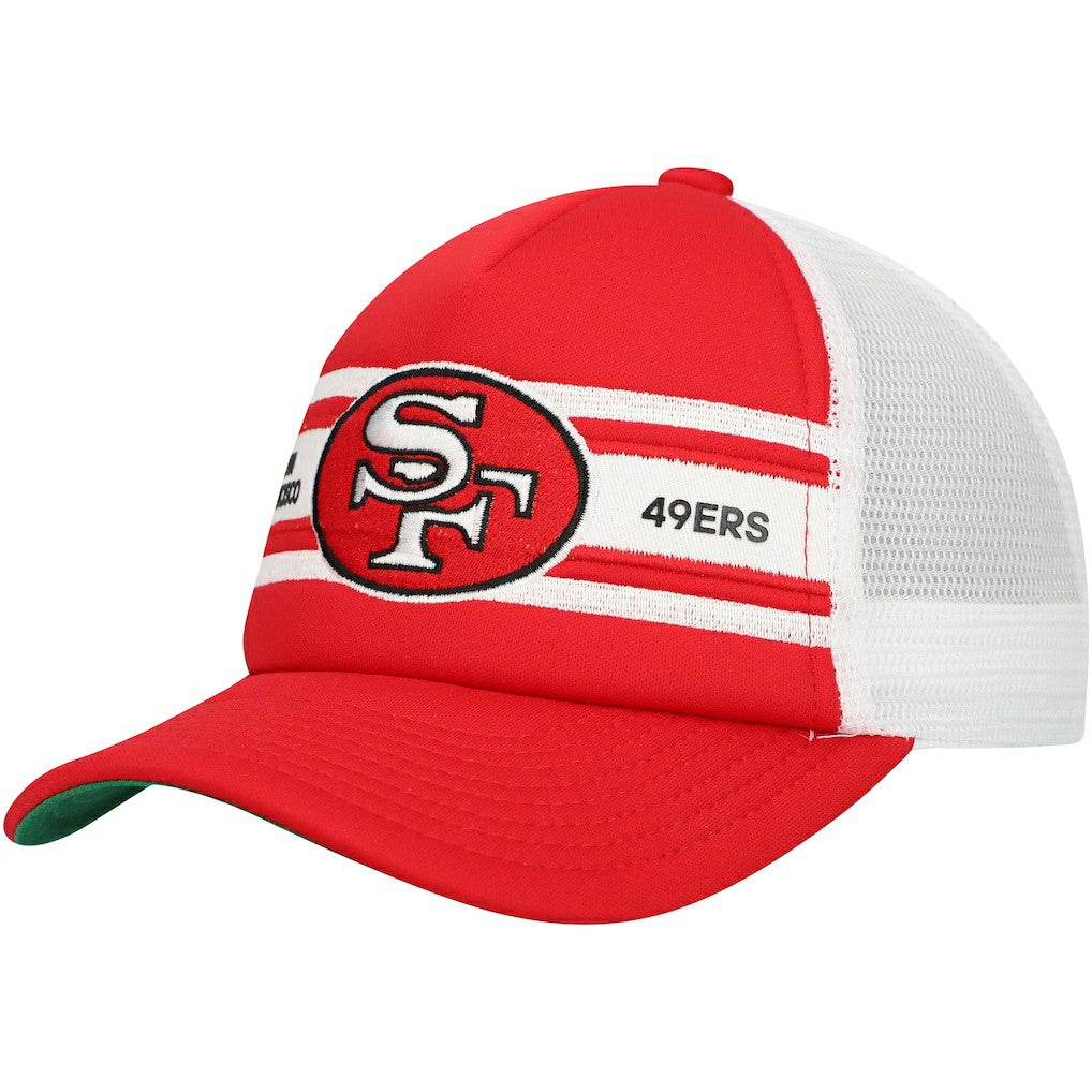 San Francisco 49ers Youth Stripe Trucker Adjustable Hat - Scarlet - Mitchell & Ness
