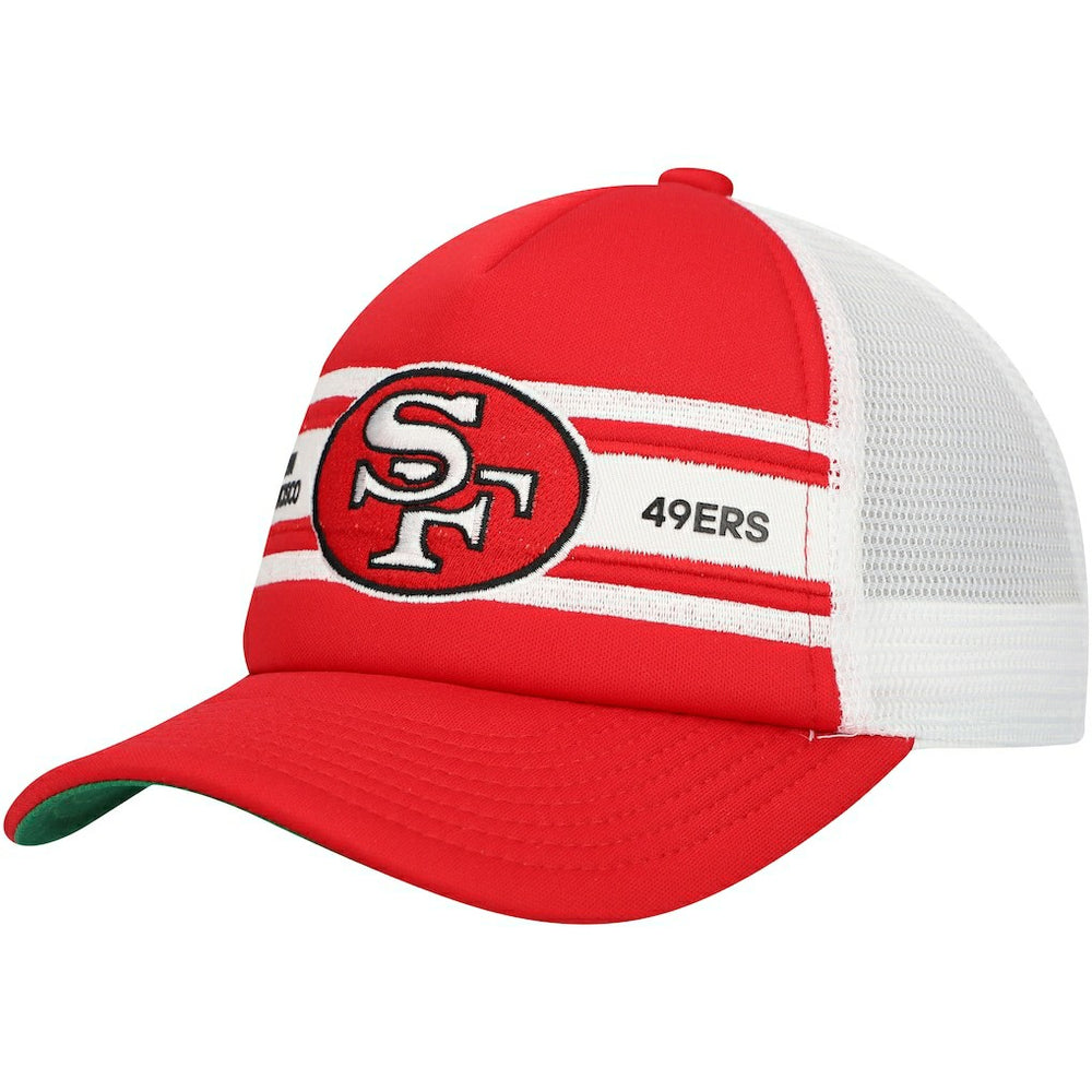 San Francisco 49ers Youth Stripe Trucker Adjustable Hat - Scarlet - Mitchell & Ness