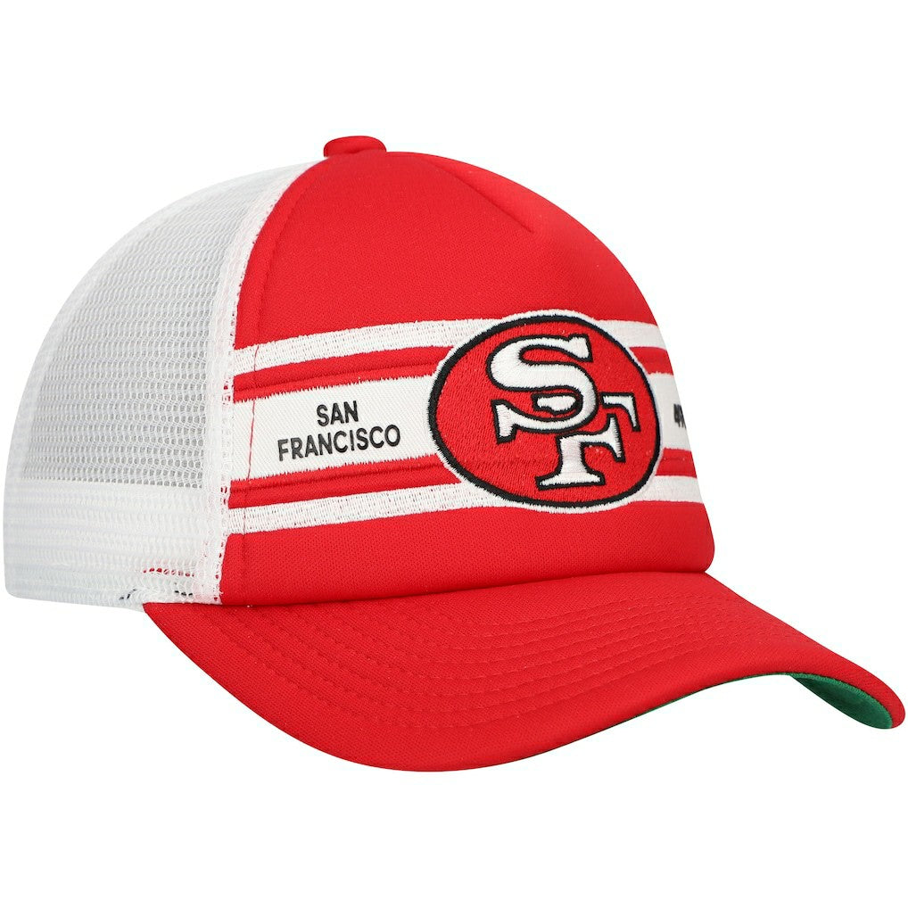 San Francisco 49ers Youth Stripe Trucker Adjustable Hat - Scarlet - Mitchell & Ness