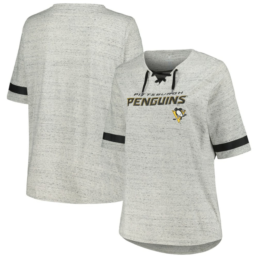 Pittsburgh Penguins Fanatics Women's Plus Size Lace-Up T-Shirt - Heather Gray | Fanatics Clearance