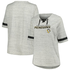Pittsburgh Penguins Fanatics Women's Plus Size Lace-Up T-Shirt - Heather Gray | Fanatics Clearance