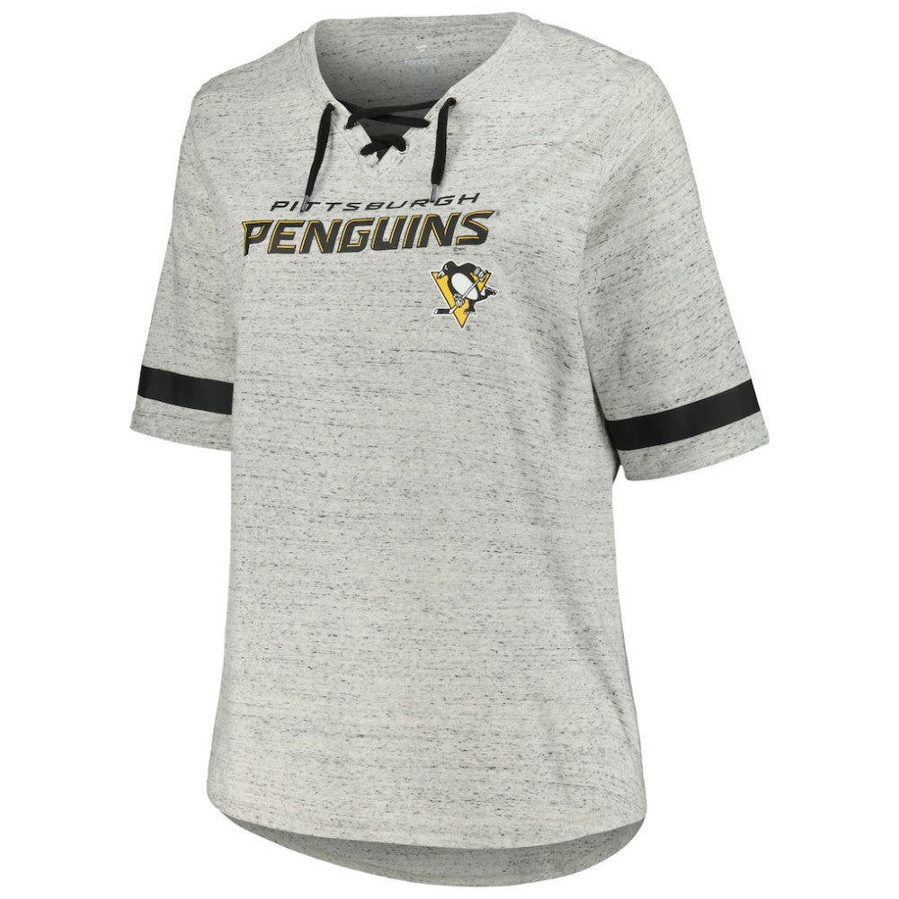 Pittsburgh Penguins Fanatics Women's Plus Size Lace-Up T-Shirt - Heather Gray | Fanatics Clearance