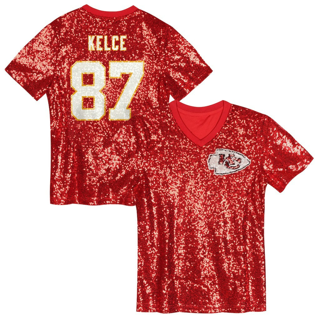 Travis Kelce Kansas City Chiefs Girls Youth Sequin V-Neck Fashion Jersey - Red - NFL