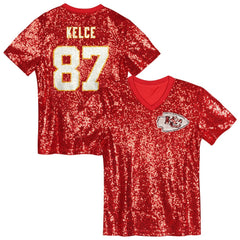 Travis Kelce Kansas City Chiefs Girls Youth Sequin V-Neck Fashion Jersey - Red - NFL