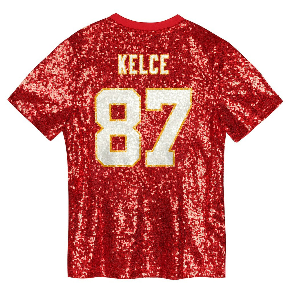 Travis Kelce Kansas City Chiefs Girls Youth Sequin V-Neck Fashion Jersey - Red - NFL