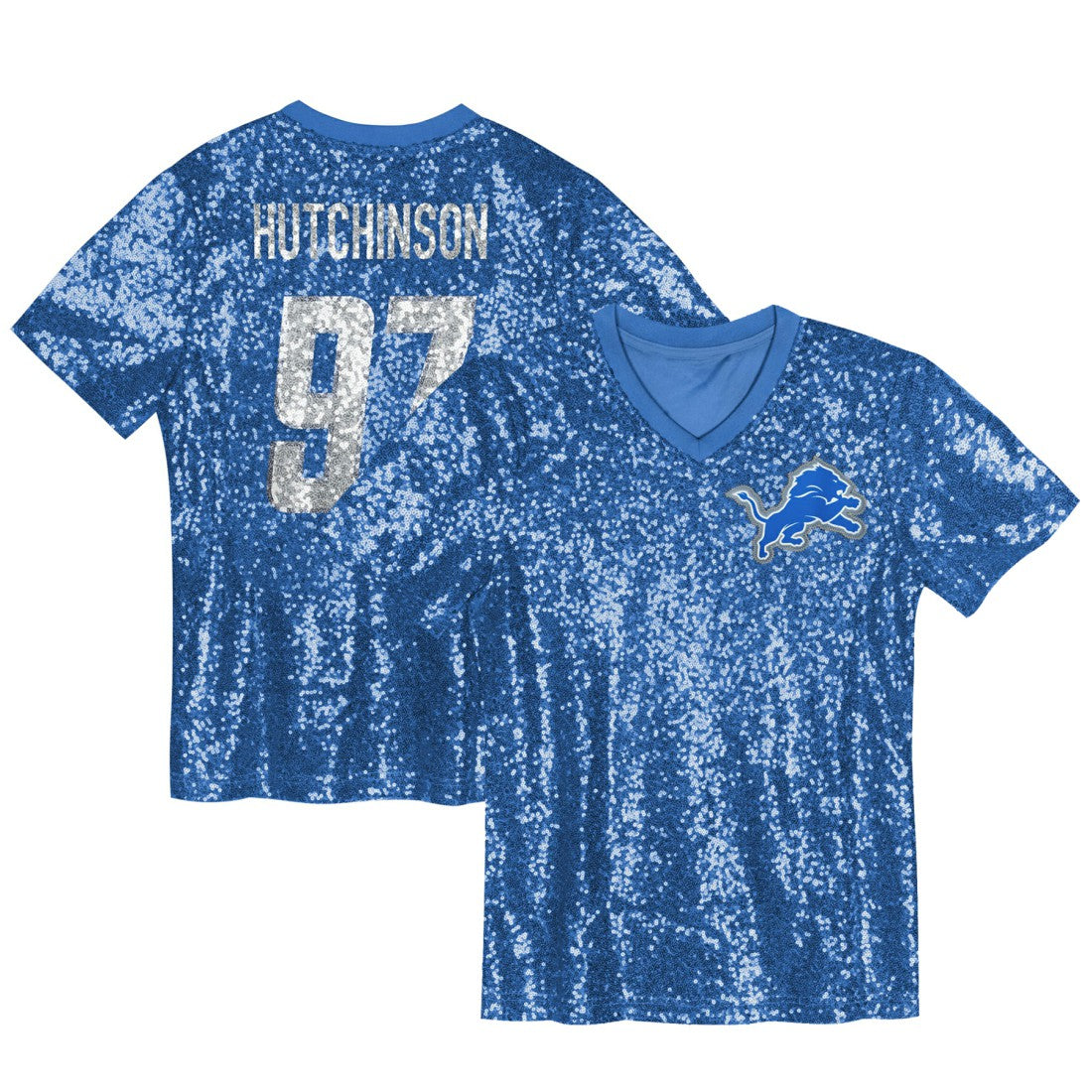 Aidan Hutchinson Detroit Lions Girls Youth Sequin V-Neck Fashion Jersey - Blue - NFL