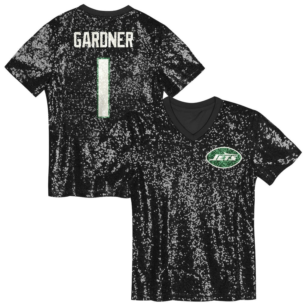 Sauce Gardner New York Jets Girls Youth Sequin V-Neck Fashion Jersey - Black - NFL