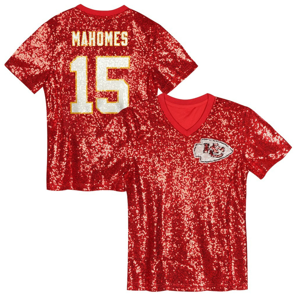 Patrick Mahomes Kansas City Chiefs Girls Youth Sequin V-Neck Fashion Jersey - Red - NFL