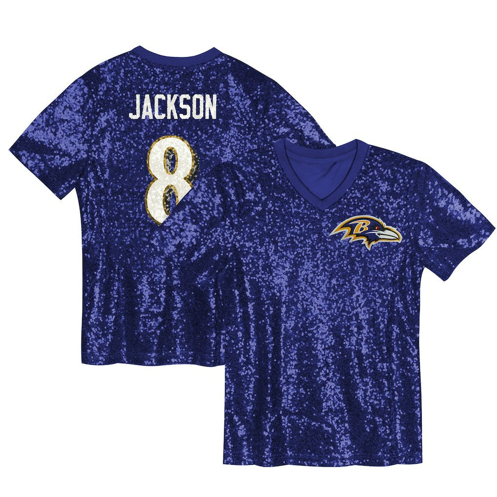 Lamar Jackson Baltimore Ravens Girls Youth Sequin V-Neck Fashion Jersey - Purple - NFL