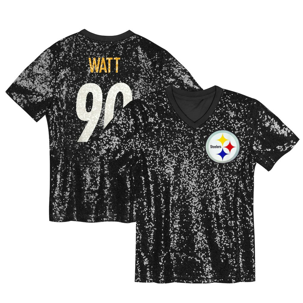 T.J. Watt Pittsburgh Steelers Girls Youth Sequin V-Neck Fashion Jersey - Black - NFL