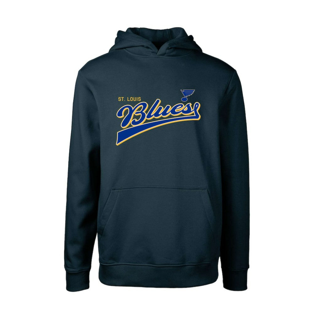St. Louis Blues Levelwear Youth Podium Retro Script Fleece Pullover Hoodie - Navy | NHL Lifestyle