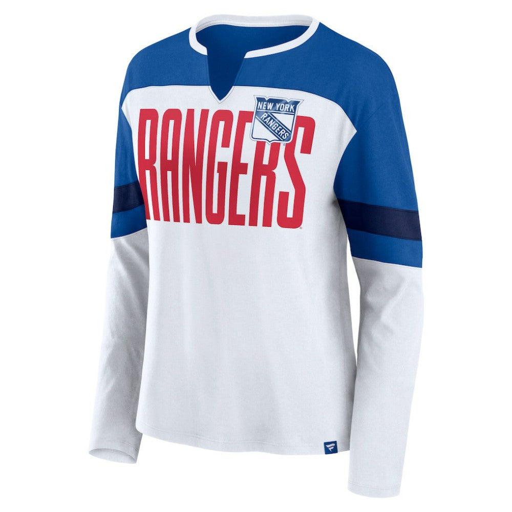New York Rangers Fanatics Women's Frozen Long Sleeve Notch Neck T-Shirt - White/Blue | Fanatics discount