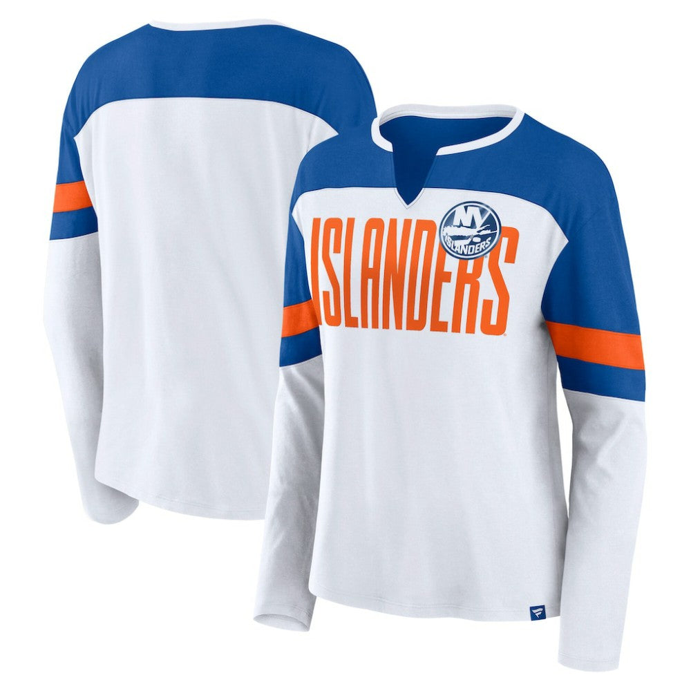 New York Islanders Fanatics Women's Frozen Long Sleeve Notch Neck T-Shirt - White/Royal | Fanatics Lifestyle