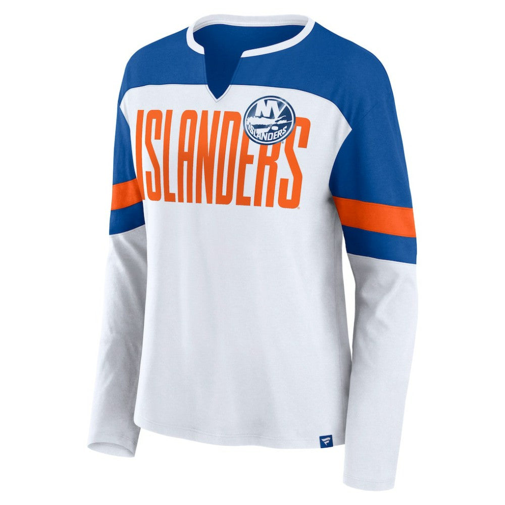 New York Islanders Fanatics Women's Frozen Long Sleeve Notch Neck T-Shirt - White/Royal | Fanatics Lifestyle