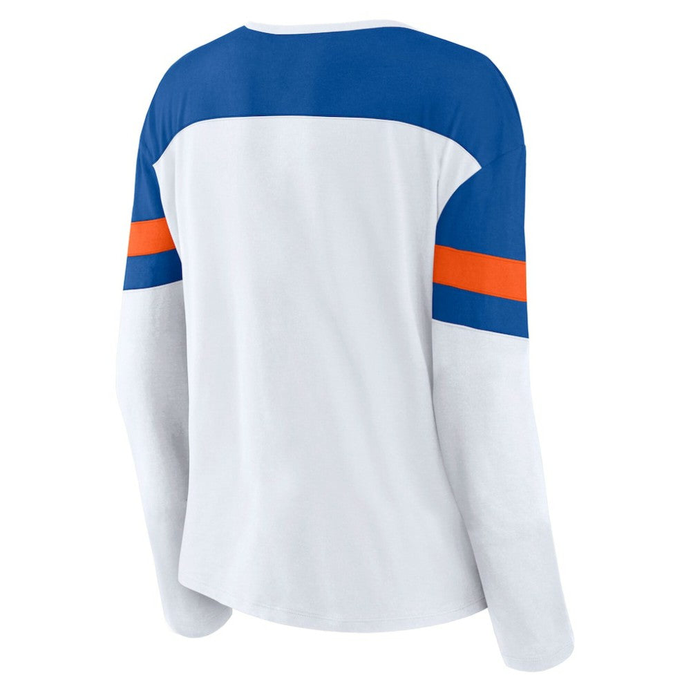 New York Islanders Fanatics Women's Frozen Long Sleeve Notch Neck T-Shirt - White/Royal | Fanatics Lifestyle