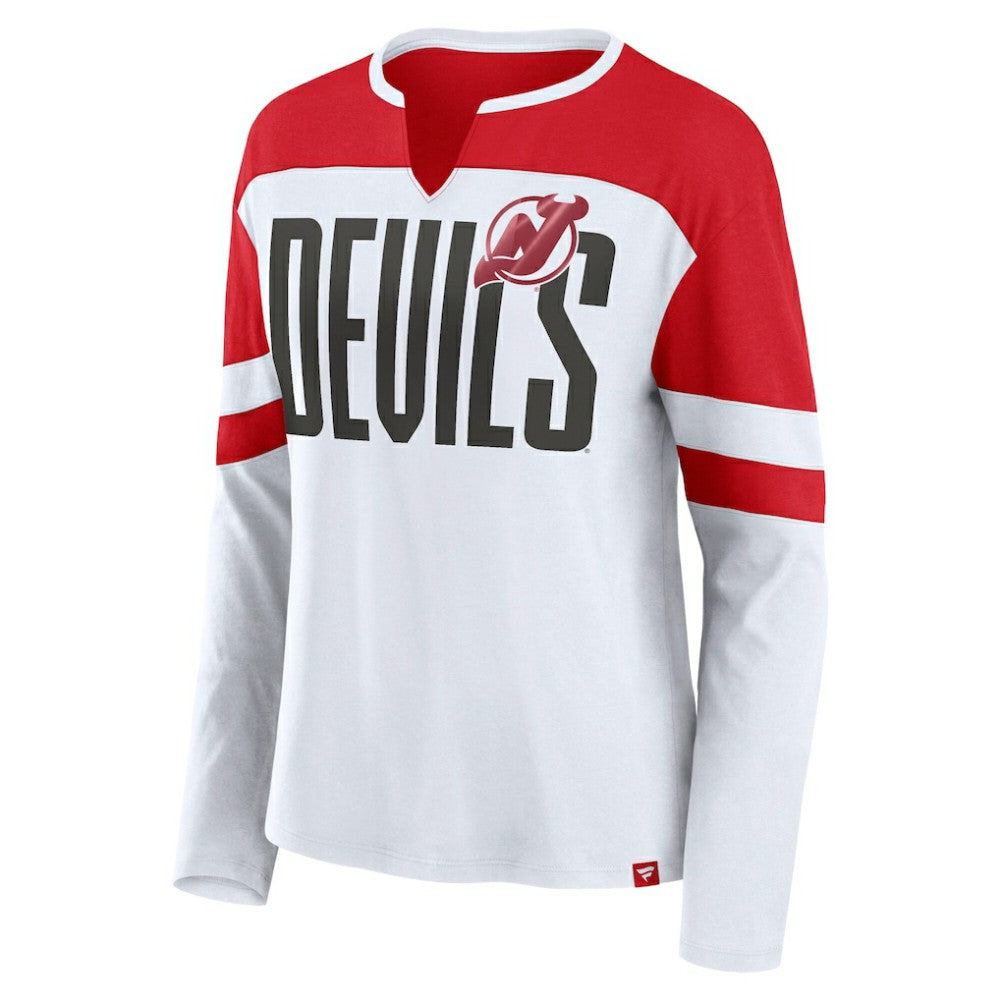 New Jersey Devils Fanatics Women's Frozen Long Sleeve Notch Neck T-Shirt - White/Red | Fanatics Lifestyle