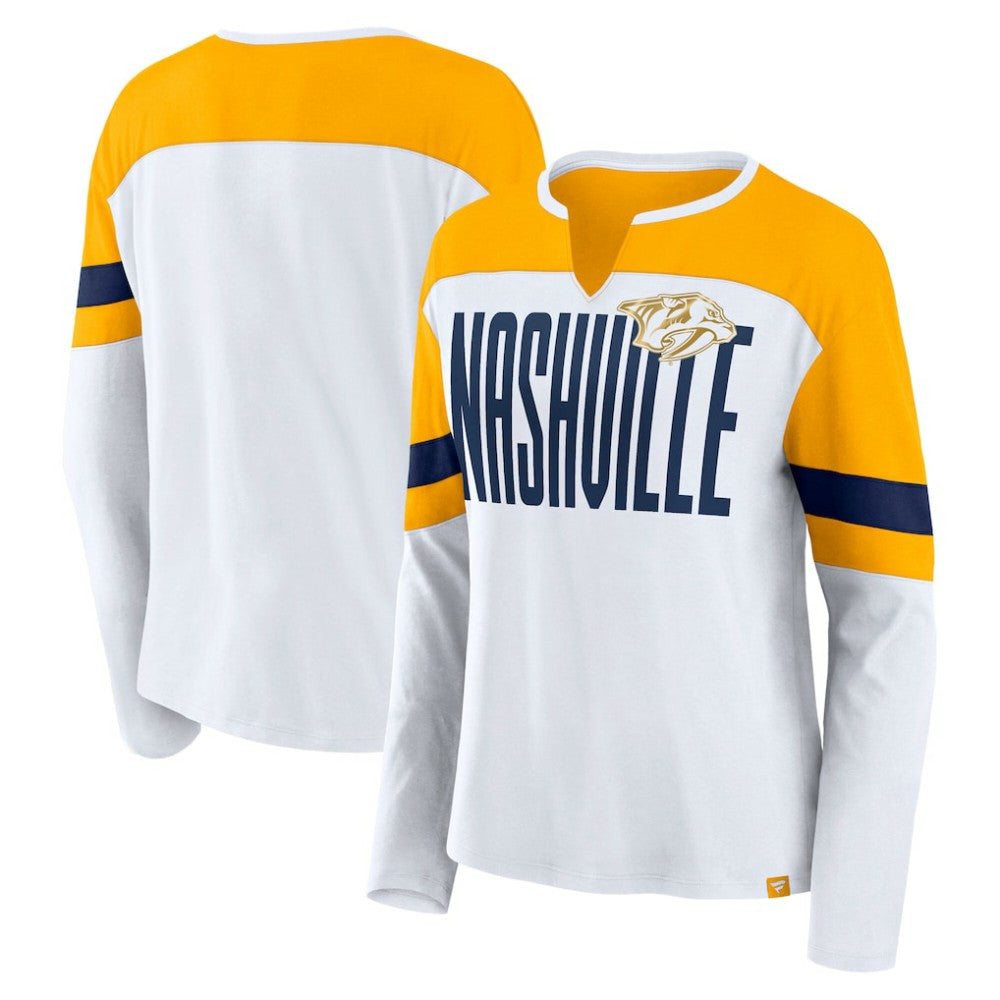 Nashville Predators Fanatics Women's Frozen Long Sleeve Notch Neck T-Shirt - White/Gold | Fanatics sale