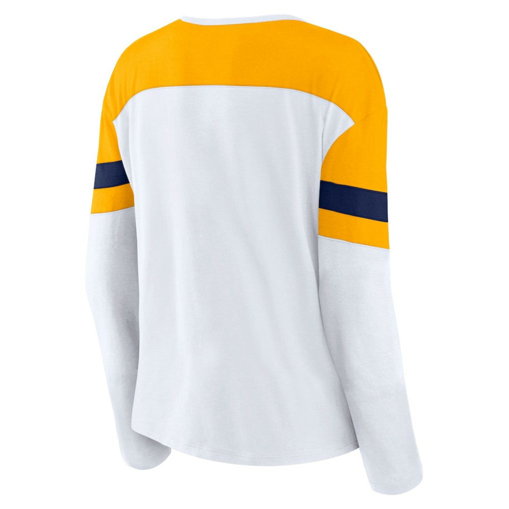 Nashville Predators Fanatics Women's Frozen Long Sleeve Notch Neck T-Shirt - White/Gold | Fanatics sale