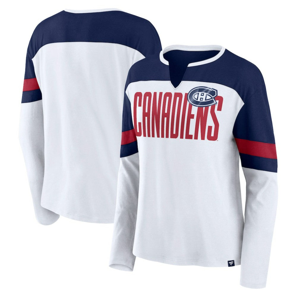 Montreal Canadiens Fanatics Women's Frozen Long Sleeve Notch Neck T-Shirt - White/Navy | Fanatics online