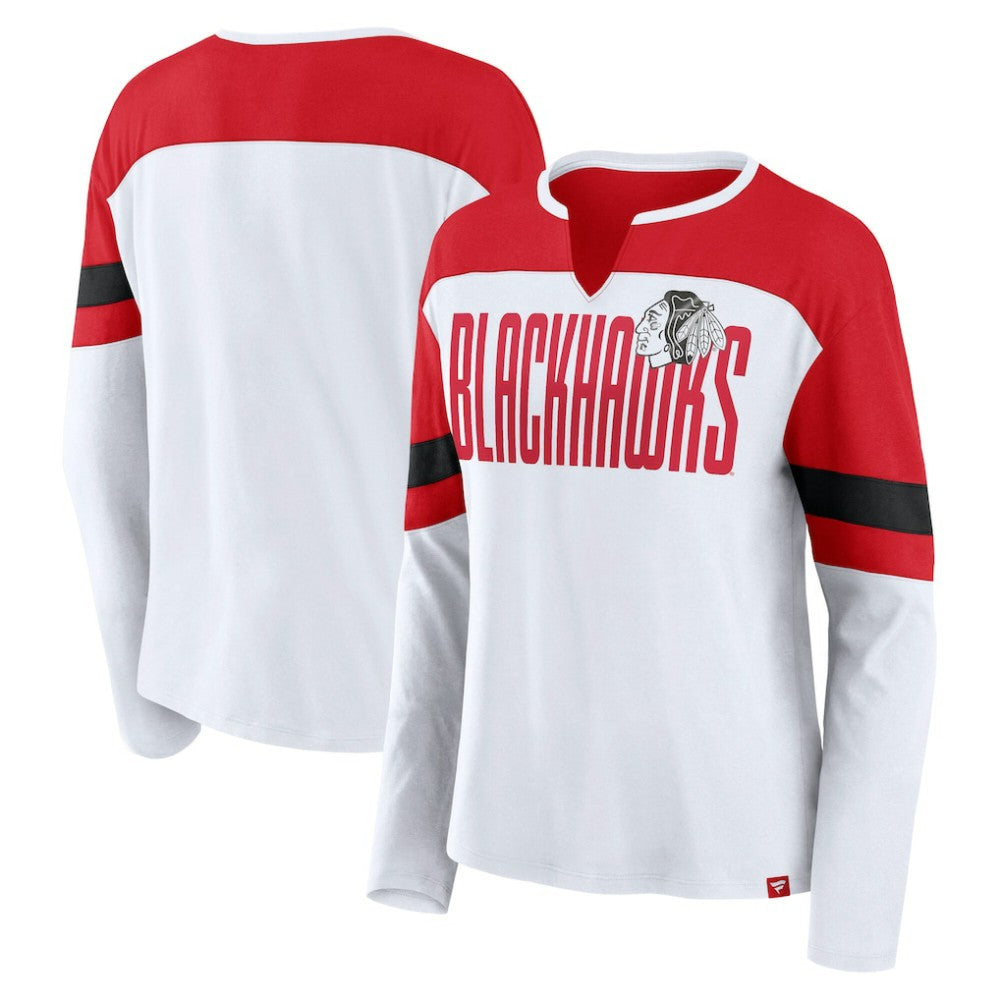 Chicago Blackhawks Fanatics Women's Frozen Long Sleeve Notch Neck T-Shirt - White/Red | Fanatics Clearance