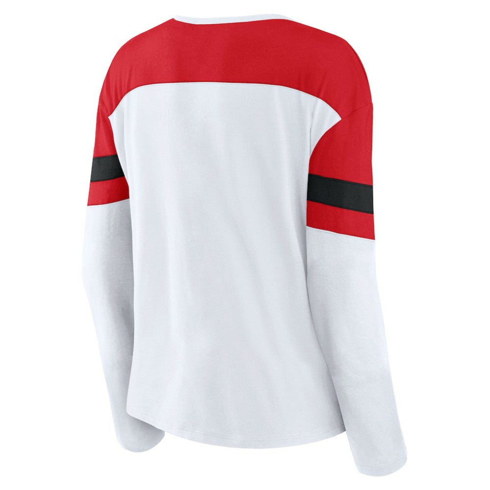 Chicago Blackhawks Fanatics Women's Frozen Long Sleeve Notch Neck T-Shirt - White/Red | Fanatics Clearance