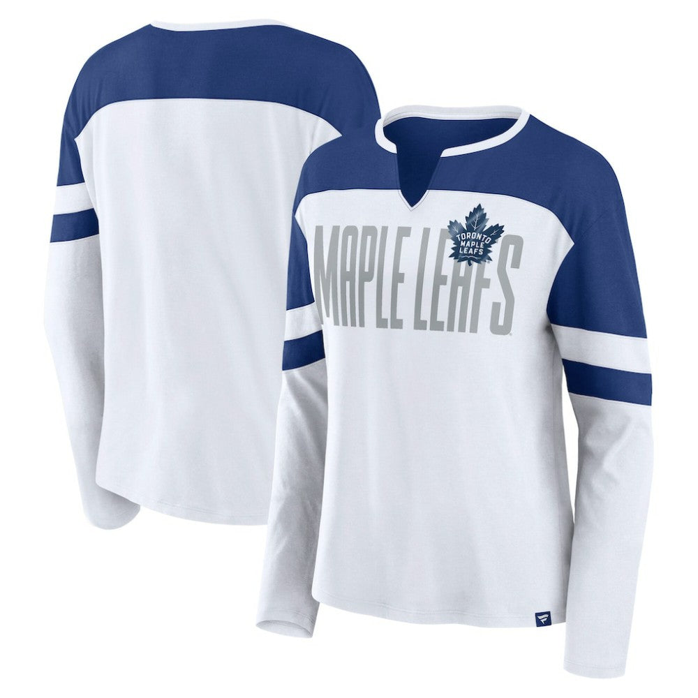 Toronto Maple Leafs Fanatics Women's Frozen Long Sleeve Notch Neck T-Shirt - White/Blue | Fanatics discount